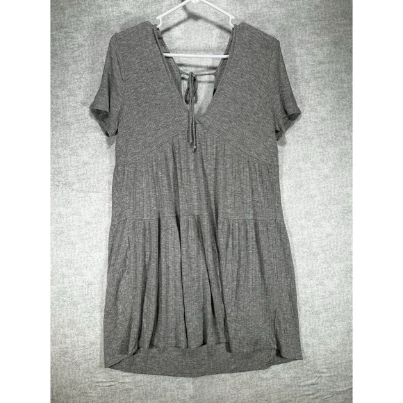 SAINTS 21 Womens Gray Babydoll Ribbed Short Sleeve V-Neck Tunic Dress Size Large - Picture 1 of 6